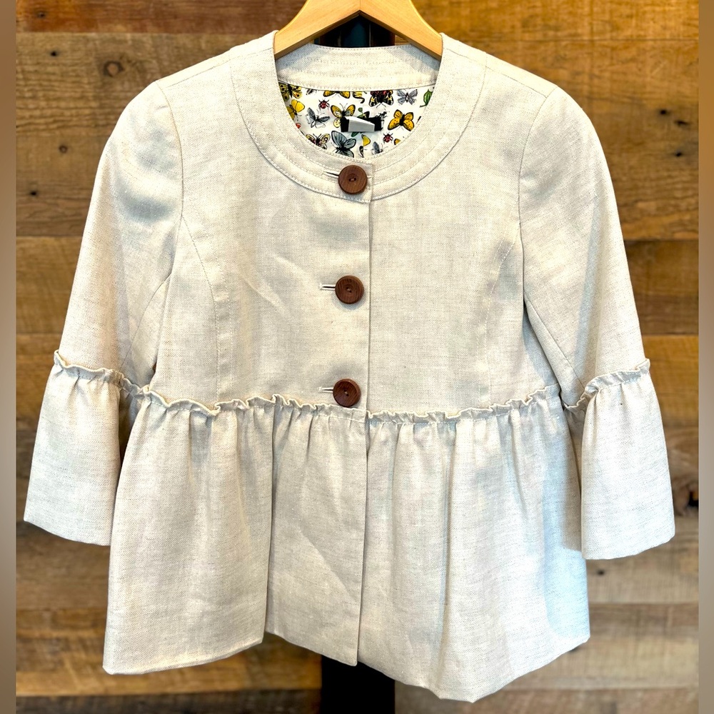 J. CREW 100% Linen Babydoll Ruffle Jacket, Butterfly Lining, Natural. Size 4